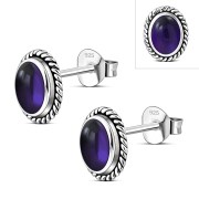 Large Oval Amethyst Stone Stud Silver Earrings, e336
